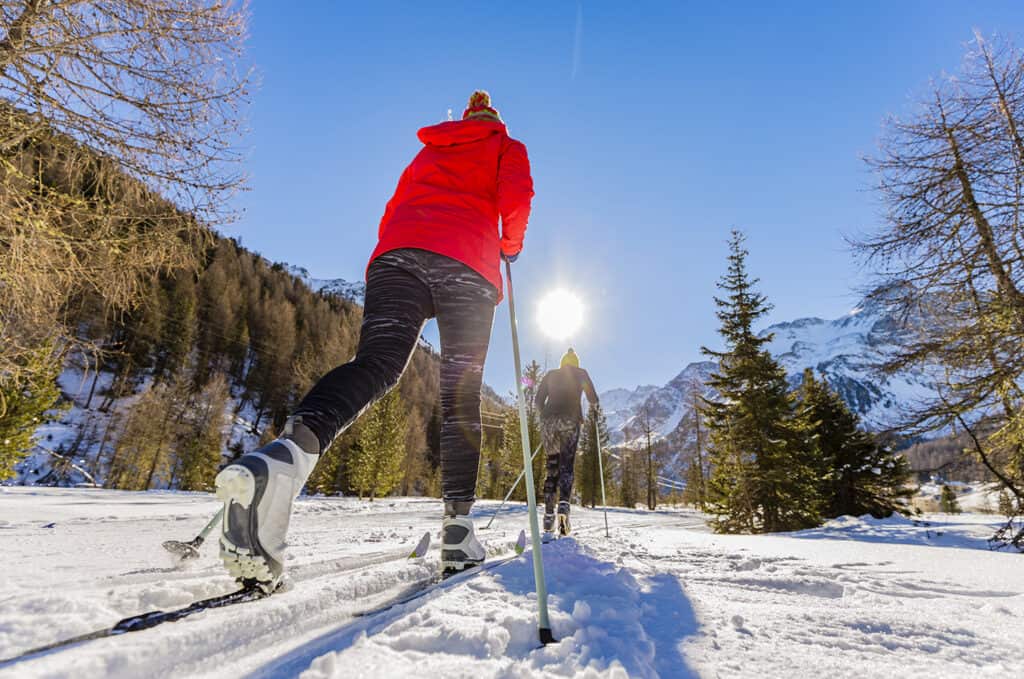 Un groupe familial de skieurs de fond par une matinée d'hiver ensoleillée