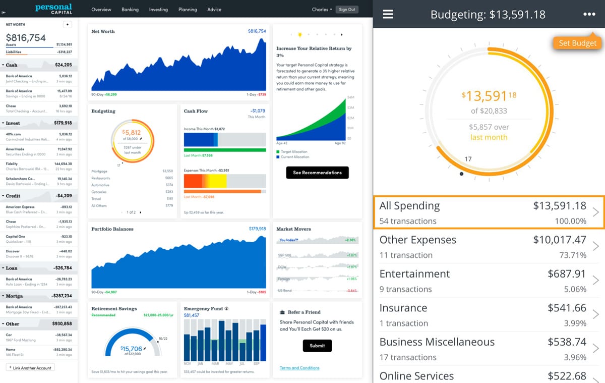 Screenshot of the Personal Capital dashboard and budgeting section of their mobile app