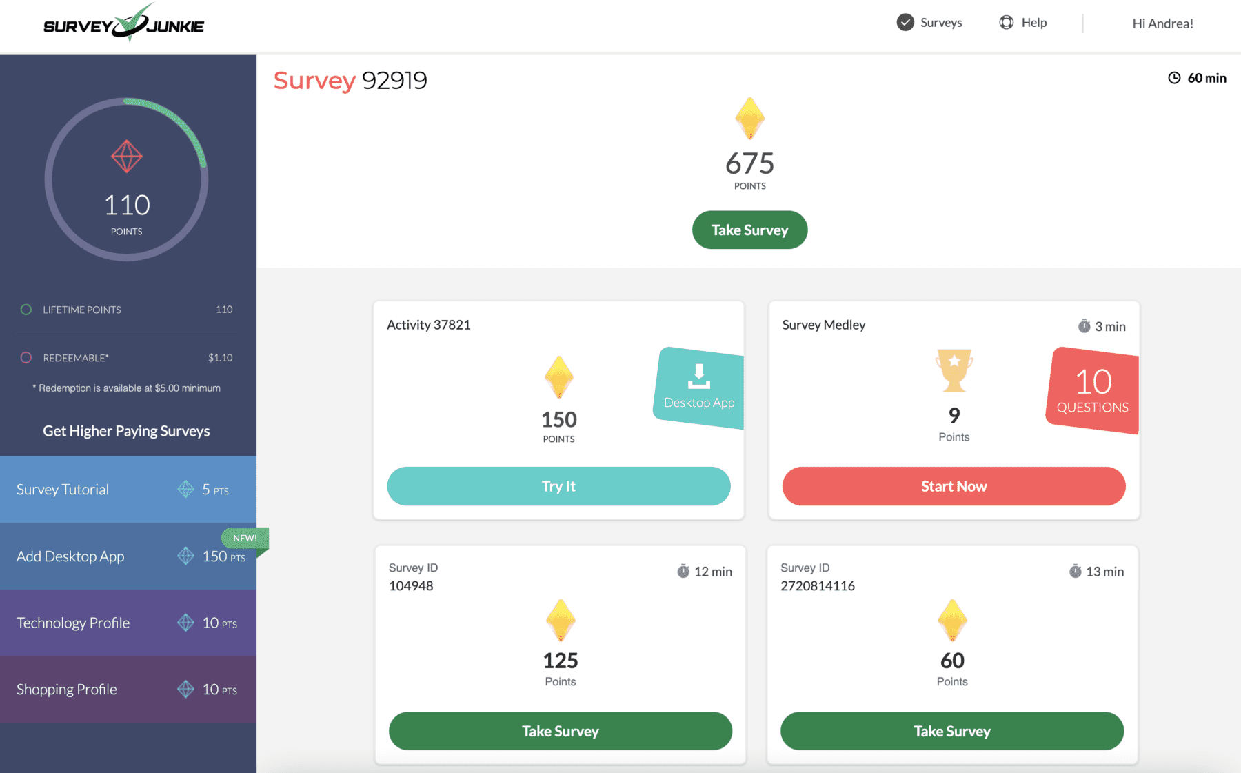 Survey Junkie Dashboard