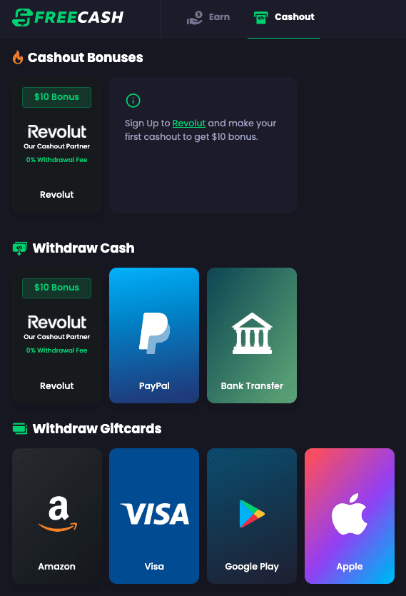 ways to cash out on freecash.com